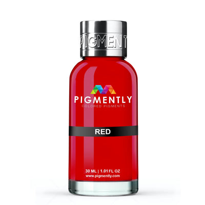 Red Liquid Epoxy Dye bottles and sample resin projects showing vibrant red color