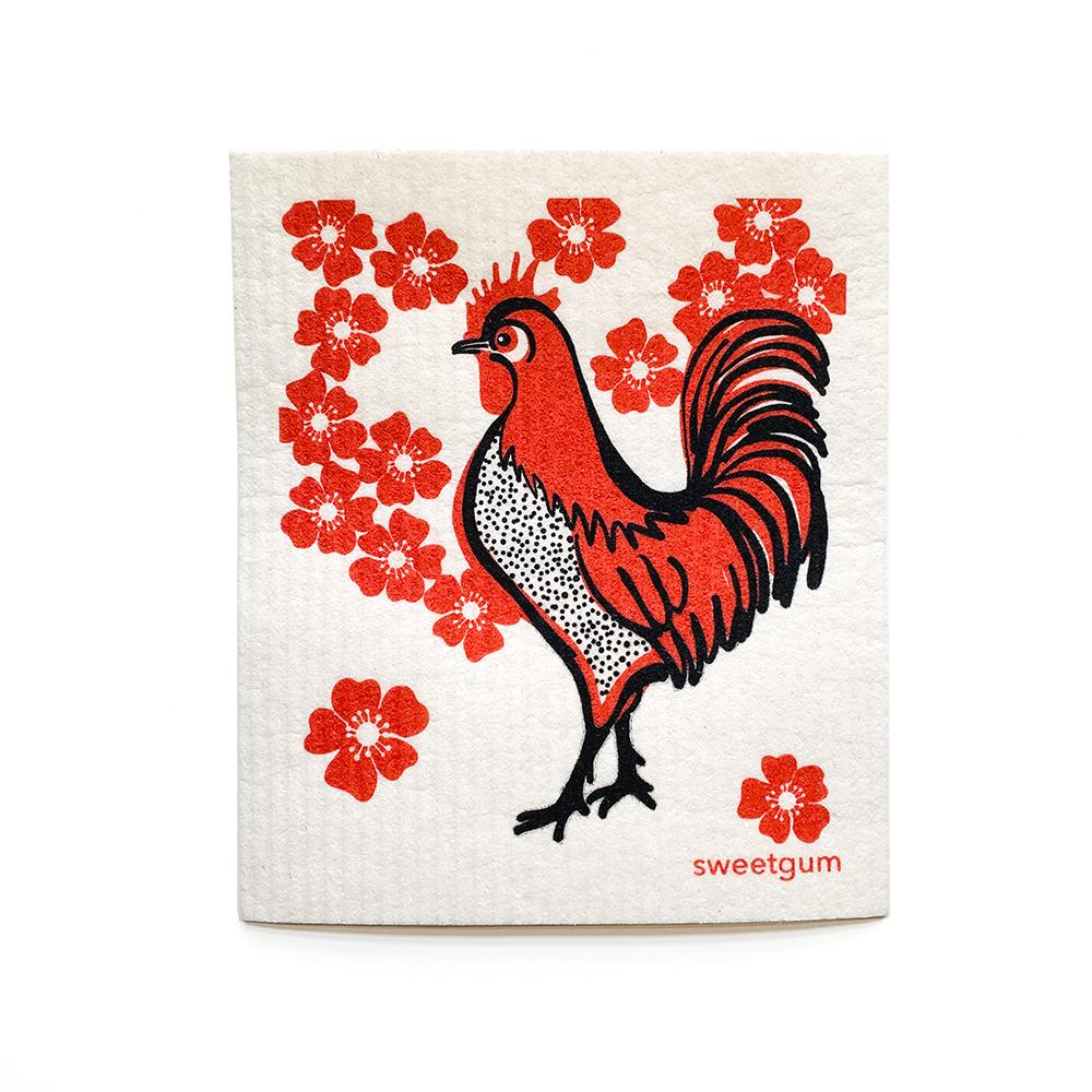 Red Rooster Swedish Dishcloth in red and black design by Sweetgum Home