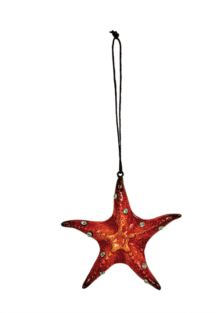 Red starfish ornament with glossy resin finish and sparkling gem details