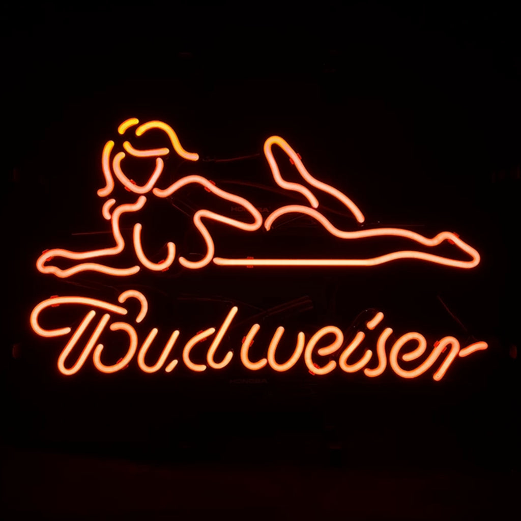 Red Sexy Girl Live Nudes Budweiser Beer neon sign mounted on a metal grid backing.