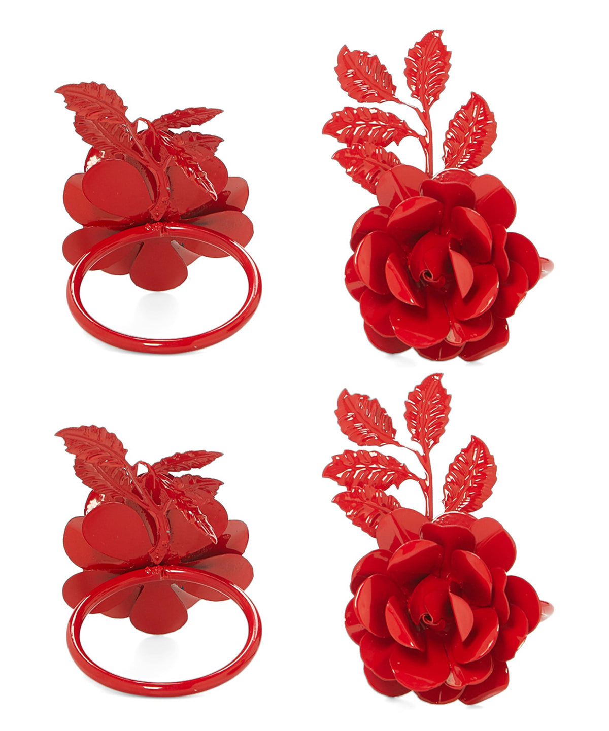 Four red metal napkin rings shaped like blooming roses with detailed leaves attached, shown from top-down and side angles on a white background.