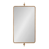 Rectangular metal framed mirror with rounded corners and decorative spherical finials at top and bottom in a warm brass finish.