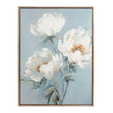 Canvas painting of three large white peonies with soft orange centers and green stems against a muted ocean blue background in a textured gold frame.