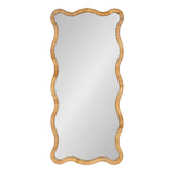 Rectangular wall mirror with a scalloped frame made of light brown rattan featuring smooth, gentle curves along the edges.