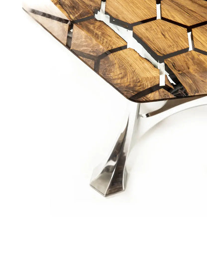 Hexagon Resin Dining Table made of walnut wood and epoxy resin with aluminum legs