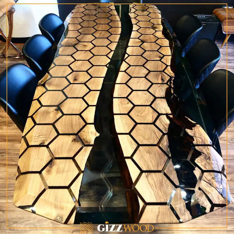 Hexagon Resin Dining Table made of walnut wood and epoxy resin with aluminum legs