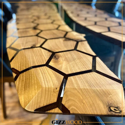 Hexagon Resin Dining Table made of walnut wood and epoxy resin with aluminum legs