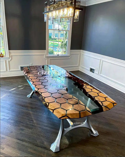 Hexagon Resin Dining Table made of walnut wood and epoxy resin with aluminum legs