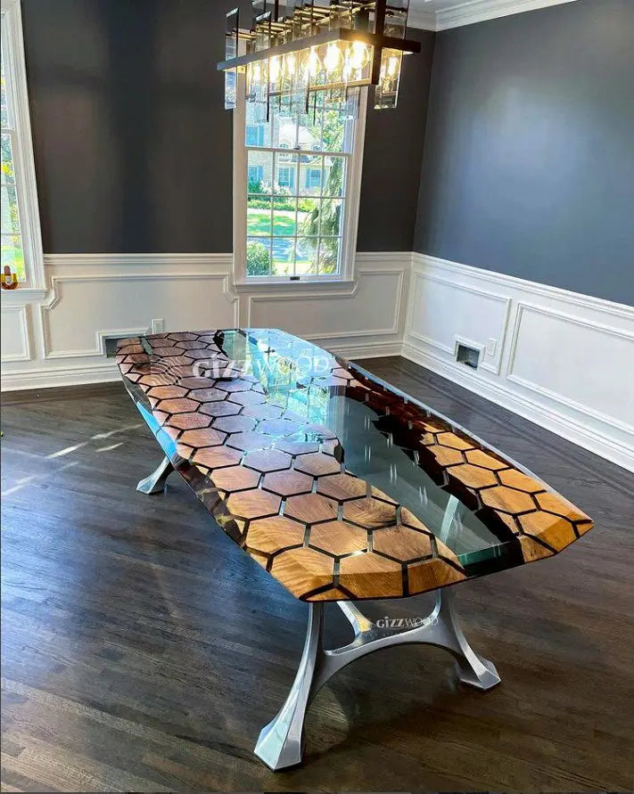 Hexagon Resin Dining Table made of walnut wood and epoxy resin with aluminum legs
