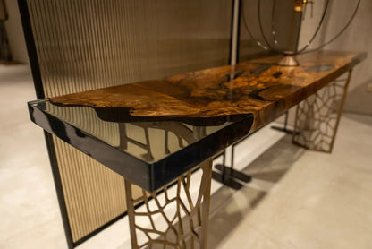 Walnut wood and resin sofa and entry console table with metal legs from Voronoi collection