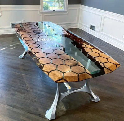 Hexagon Resin Dining Table made of walnut wood and epoxy resin with aluminum legs