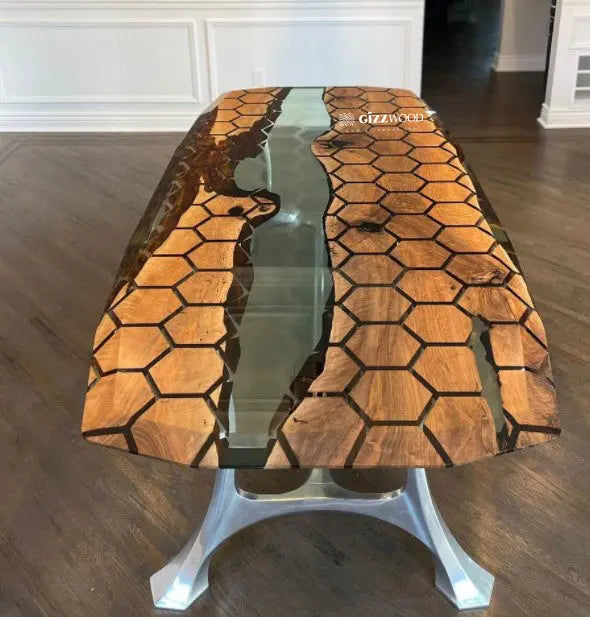 Hexagon Resin Dining Table made of walnut wood and epoxy resin with aluminum legs