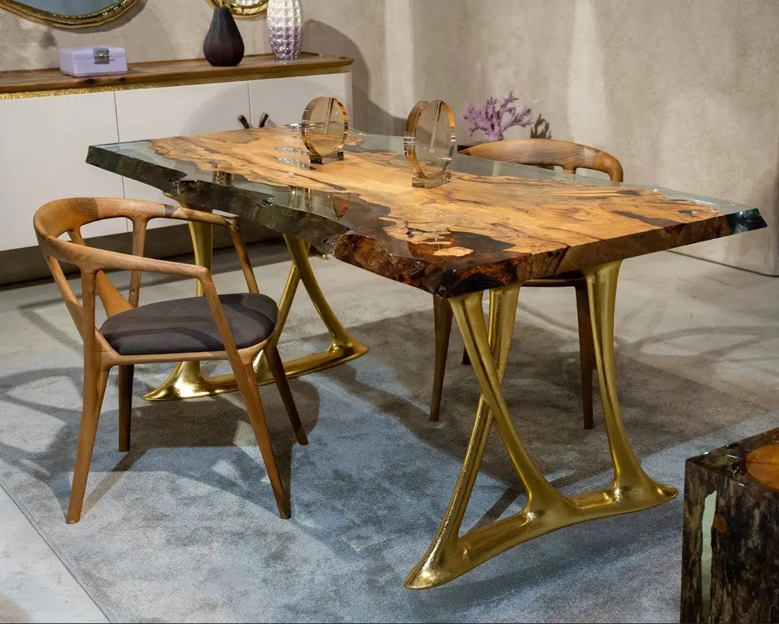 Natural epoxy resin dining table with Linden wood top and gold aluminum legs