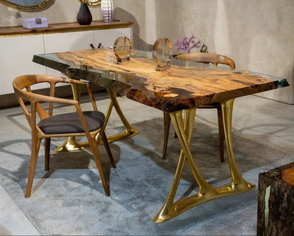 Natural epoxy resin dining table with Linden wood top and gold aluminum legs