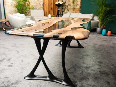 Custom epoxy resin dining room table with walnut wood and rose gold aluminum legs