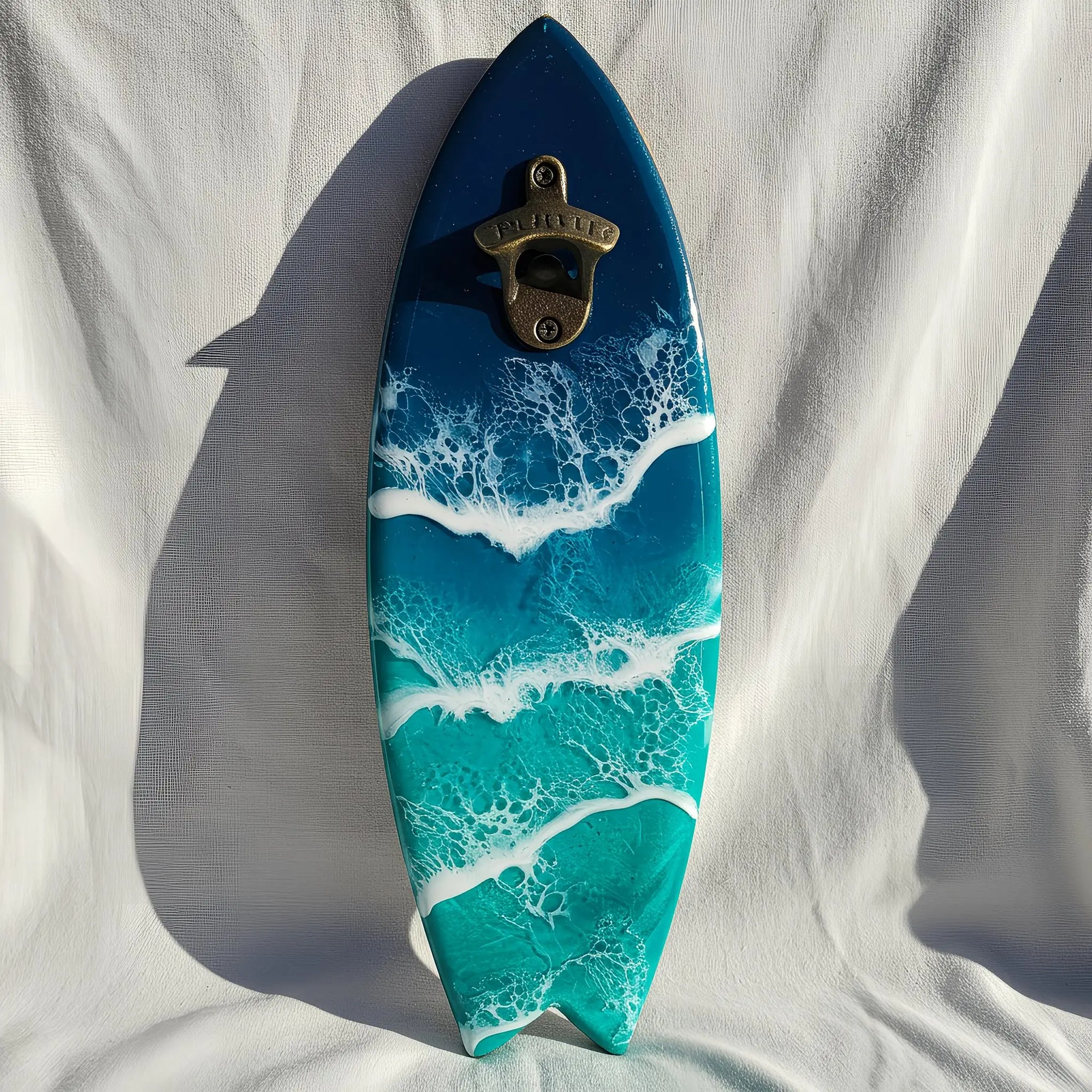 Ocean Resin Surfboard Bottle Opener with real wood and resin waves