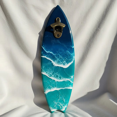 Ocean Resin Surfboard Bottle Opener with real wood and resin waves