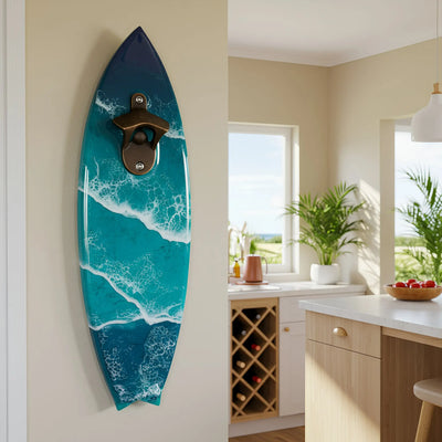Ocean Resin Surfboard Bottle Opener with real wood and resin waves