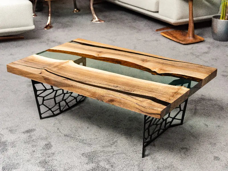 Custom Resin River Walnut Coffee Table with clear epoxy resin river and metal legs