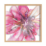 Abstract pink and magenta floral design with organic petal shapes and delicate cellular patterns, framed in light wood against a white background.