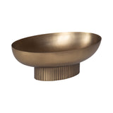 Oval-shaped metal bowl in a warm bronze finish with a vertically ribbed cylindrical base, shown at a slight angle on a white background.