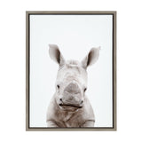 Close-up portrait of a baby rhinoceros facing forward with detailed skin texture and large ears, set against a plain white background in a simple gray frame.