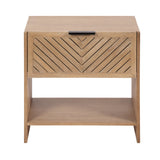 Square wooden side table with a front drawer featuring chevron-patterned slats and a black rectangular handle, plus an open shelf below.