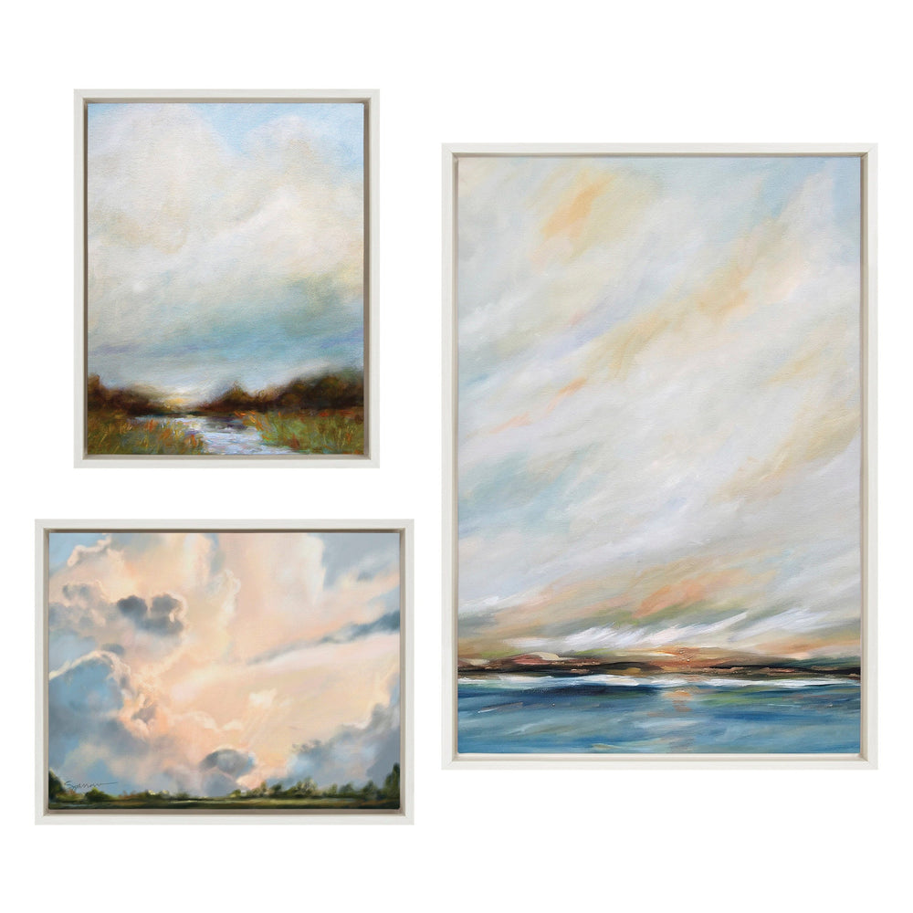 Sylvie Sunday Morning, Tranquility and Clouds framed canvas art set displayed on wall