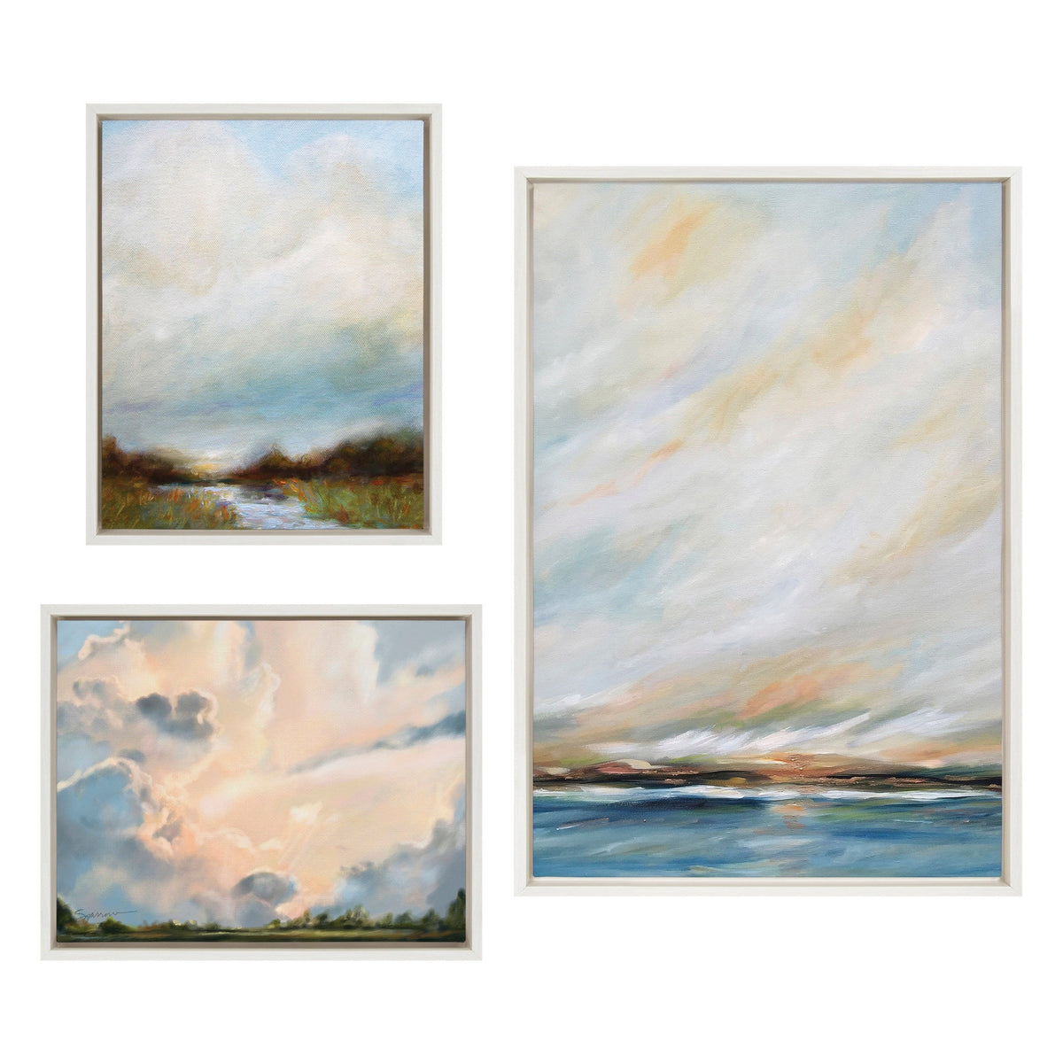 Sylvie Sunday Morning, Tranquility and Clouds framed canvas art set displayed on wall