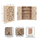 Light natural wood wall cabinet with hand-carved intricate floral pattern on double doors, three interior shelves, and shallow depth with wall cleat for hanging.