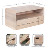 Rectangular floating side table made of solid mango wood with a whitewash finish, featuring a hidden drawer and rounded edges measuring 18"x10"x9".