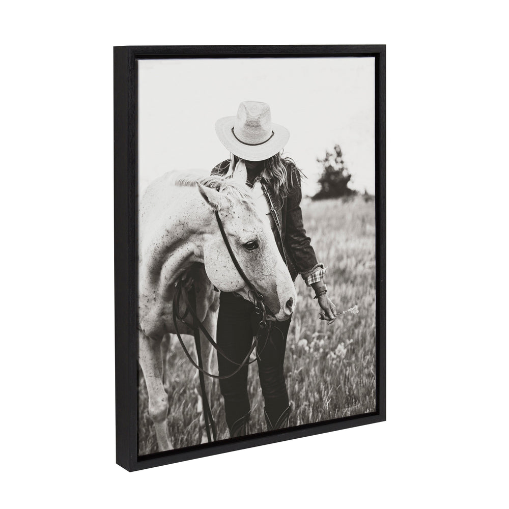 Sylvie Photo Silver Horse framed canvas art showing a silver horse in natural light, floating polystyrene frame in natural wood tone.