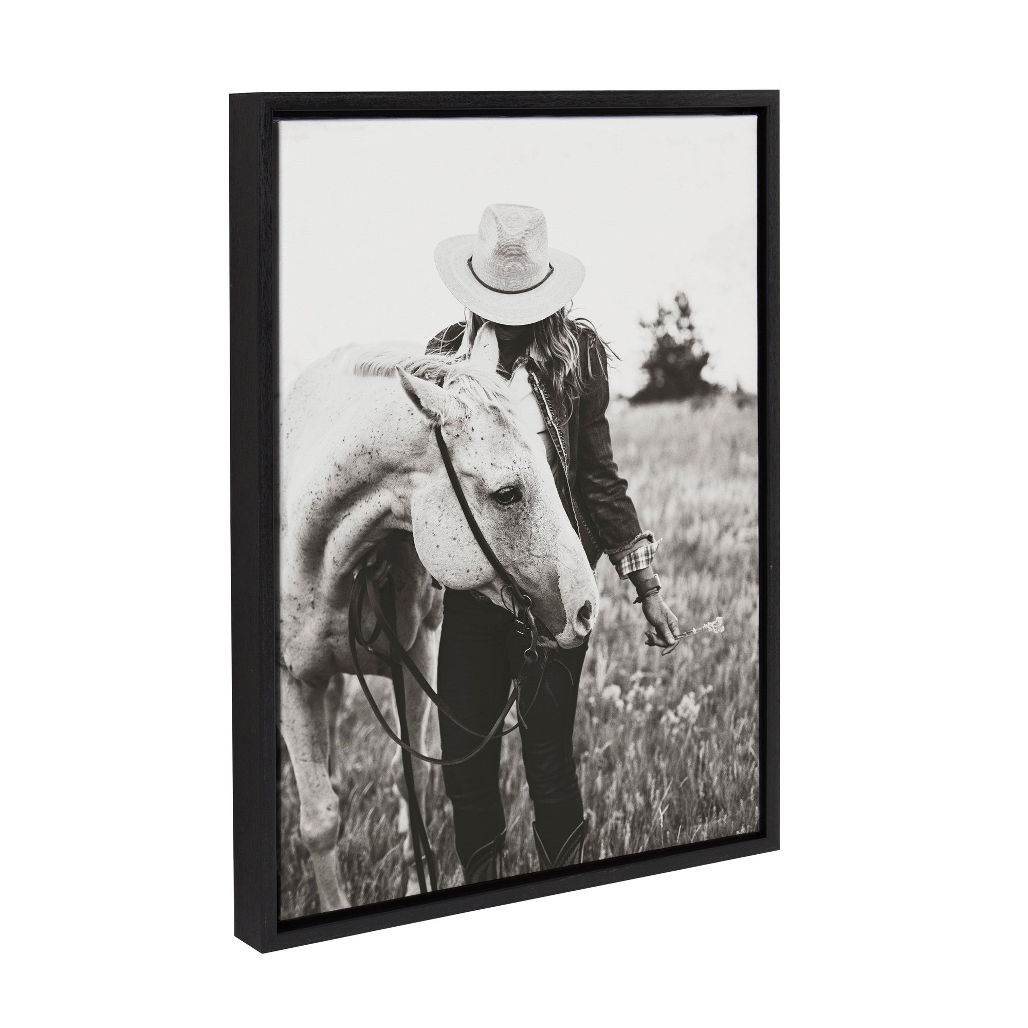 Sylvie Photo Silver Horse framed canvas art showing a silver horse in natural light, floating polystyrene frame in natural wood tone.