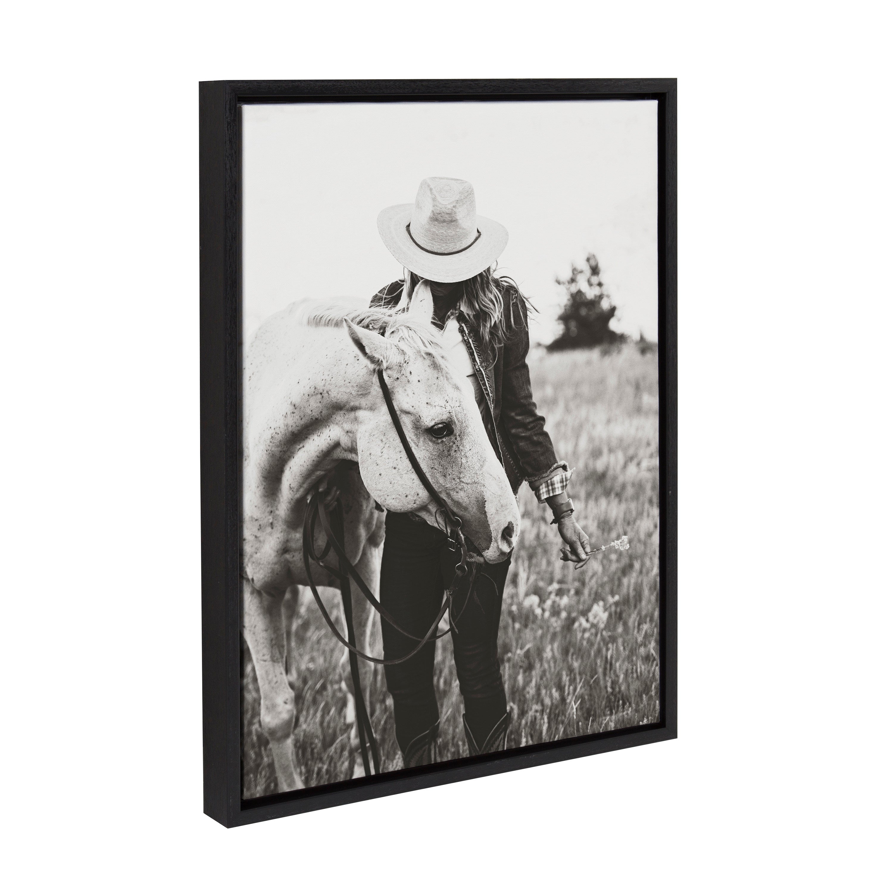 Sylvie Photo Silver Horse framed canvas art showing a silver horse in natural light, floating polystyrene frame in natural wood tone.