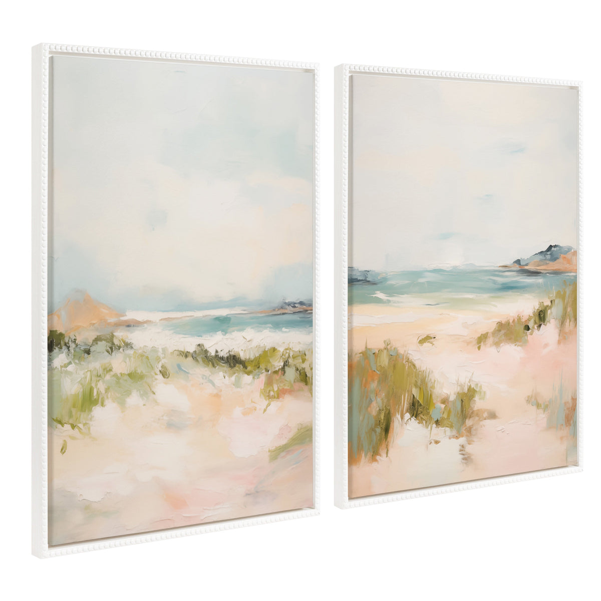 Two framed canvas paintings depicting soft, impressionistic beach landscapes with light blue skies and sand dunes accented by green vegetation and muted earth tones.