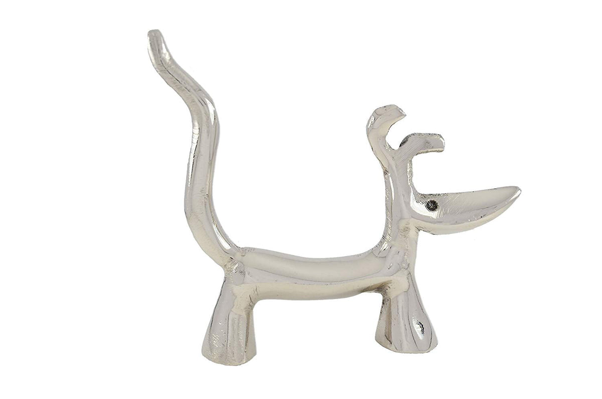 Silver-finished dog-shaped ring holder standing with a long curved tail, angular ears, and a small eye detail against a white background.