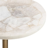 Close-up of a round marble tabletop with a patchwork pattern of light beige, cream, and gray tones, featuring smooth edges and matte finish.