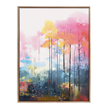 Abstract forest scene with tall thin black tree trunks, topped with vibrant pink, yellow, and blue foliage, set against a light background in a decorative gold frame.