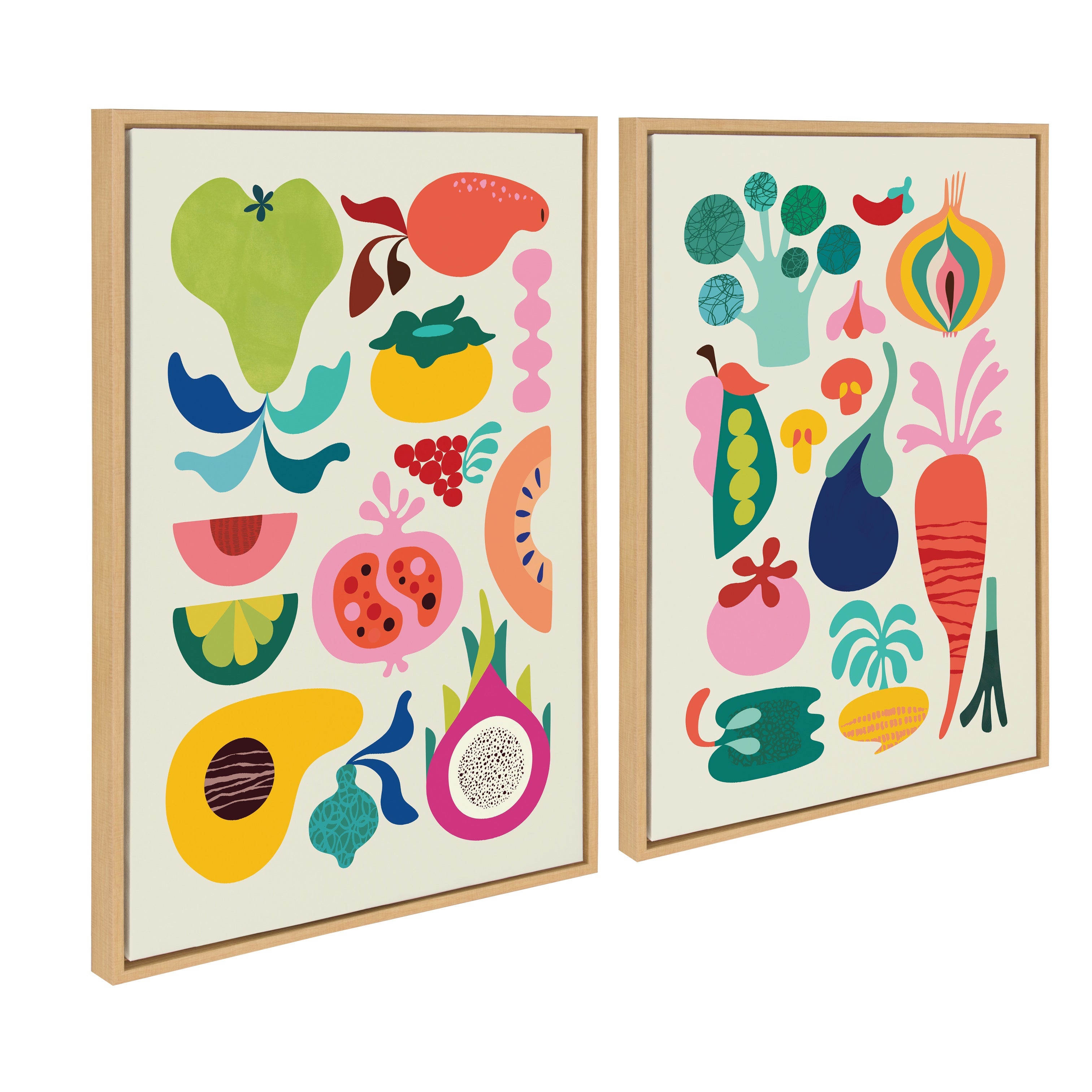Sylvie Modern Fruits and Modern Veggies two-piece framed canvas art set featuring contemporary fruit and vegetable illustrations