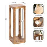 Tall, narrow wooden tea table in natural mango wood with arched open rectangular sides and smooth finish, measuring 30 inches high and 10 by 10 inches square.