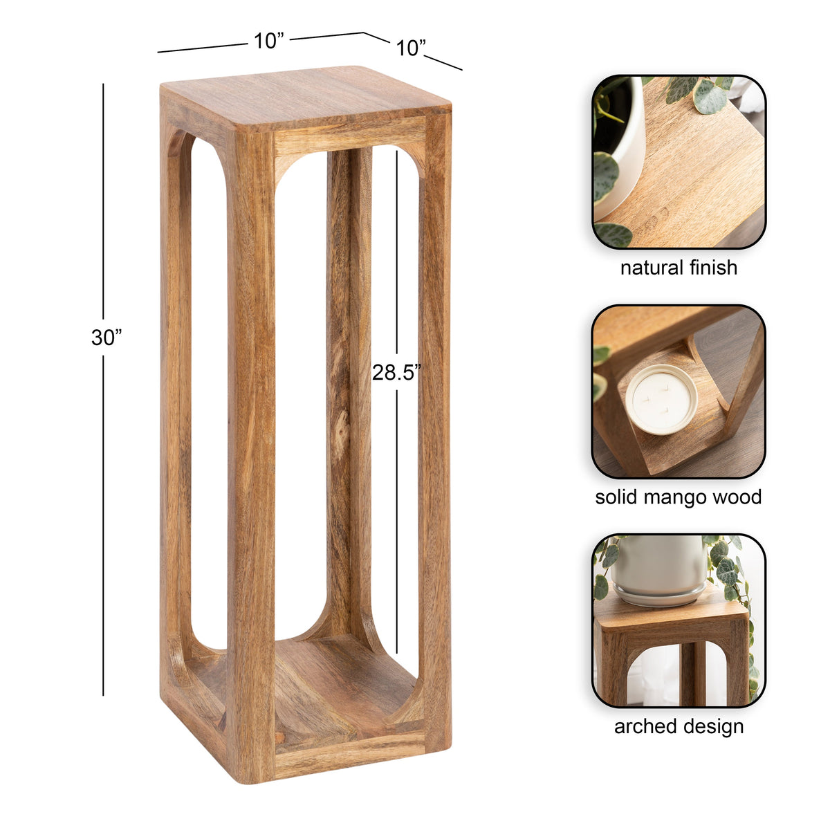 Tall, narrow wooden tea table in natural mango wood with arched open rectangular sides and smooth finish, measuring 30 inches high and 10 by 10 inches square.