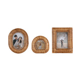 Set of three tabletop picture frames with woven wicker borders in oval, round, and rectangular shapes, each containing different portraits.