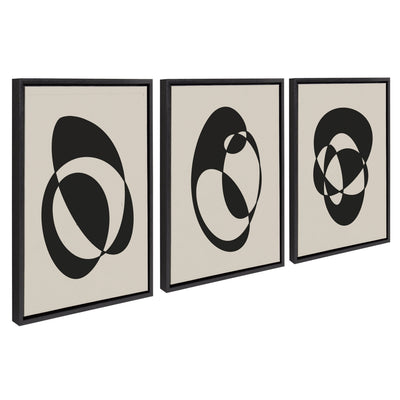 Framed abstract midcentury modern canvas artwork with geometric shapes in natural wood frame