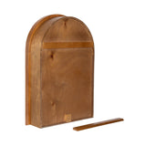 Arch-shaped wooden cabinet with a smooth, natural finish and a small rectangular piece detached and placed in front of it on white background