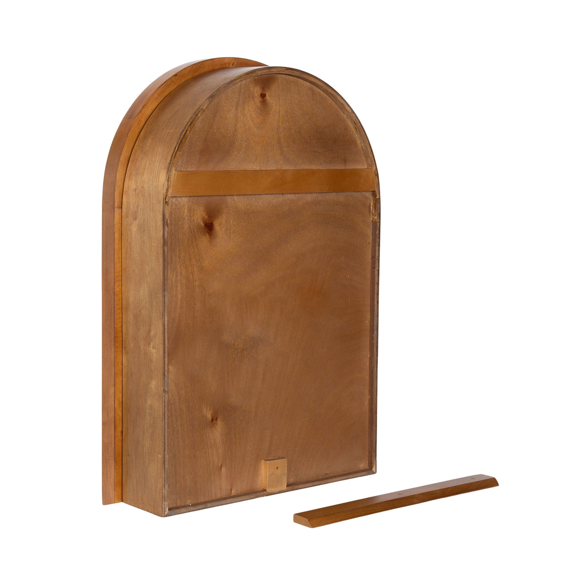 Arch-shaped wooden cabinet with a smooth, natural finish and a small rectangular piece detached and placed in front of it on white background