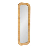 Tall rectangular wall mirror with rounded corners, framed by a textured light wood with evenly spaced vertical grooves.