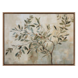 Abstract painting of an olive tree branch with slender green and blue-gray leaves on a textured beige and light blue background in a dark wooden frame