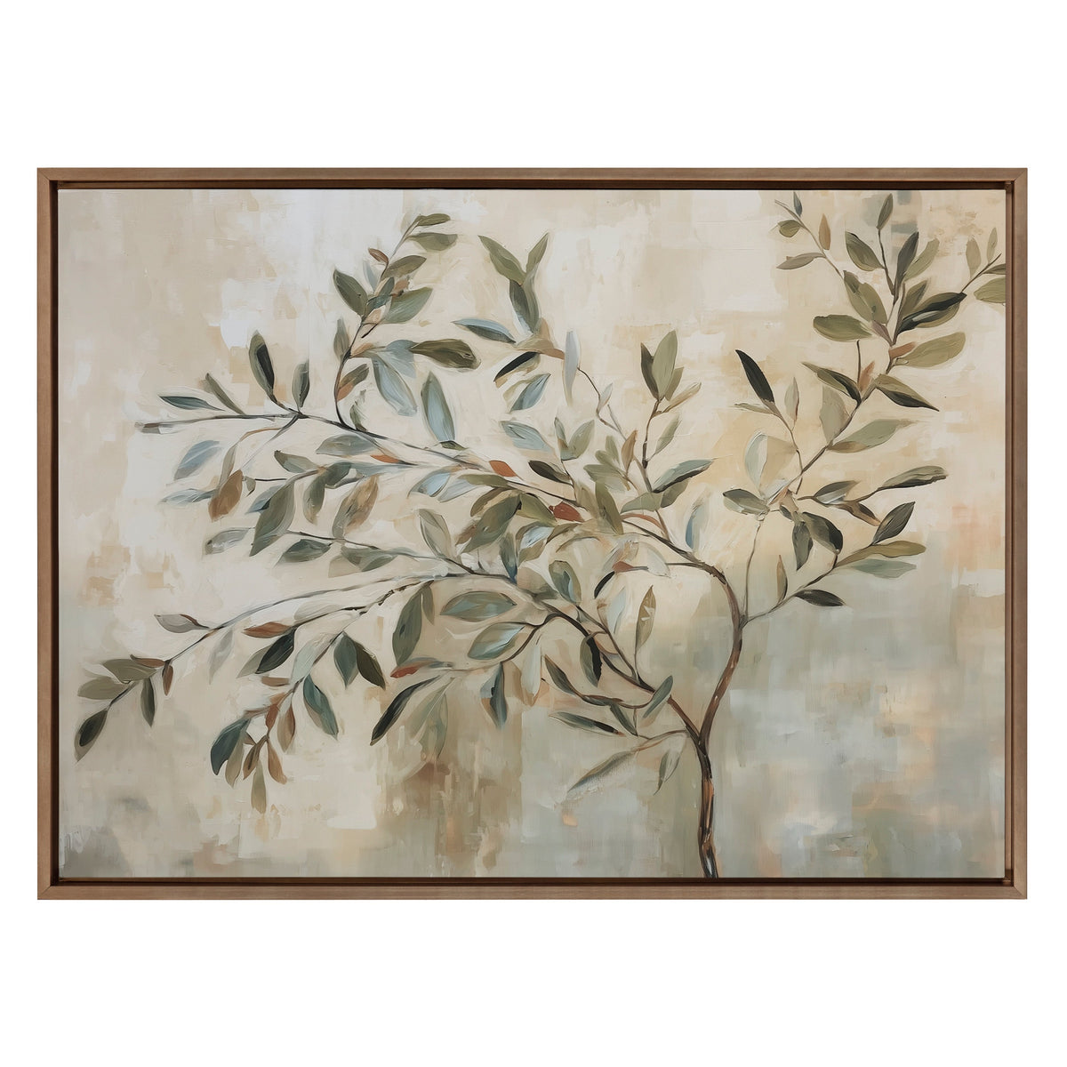Abstract painting of an olive tree branch with slender green and blue-gray leaves on a textured beige and light blue background in a dark wooden frame