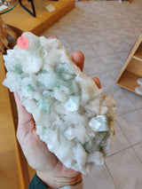 Hand holding a 1.34 lb light green apophyllite cluster with translucent pale green and white crystalline formations, displayed indoors on tiled floor background.
