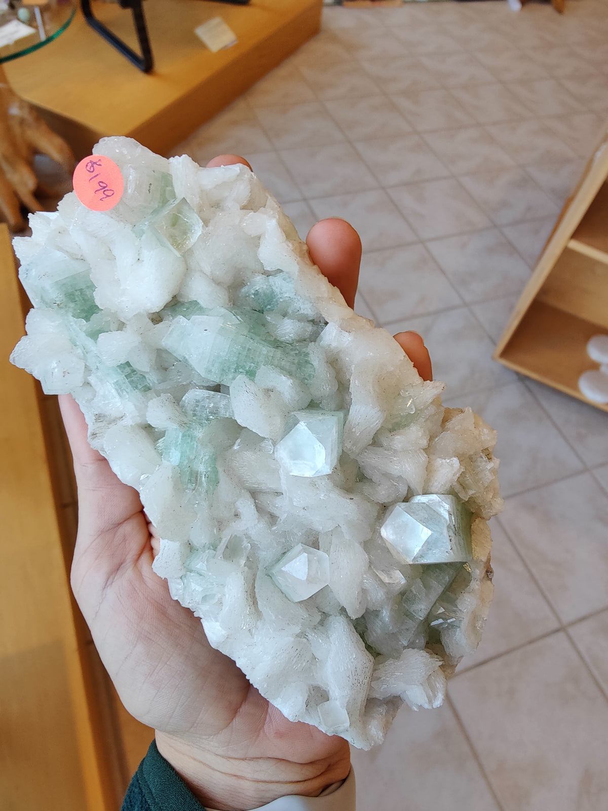 Hand holding a 1.34 lb light green apophyllite cluster with translucent pale green and white crystalline formations, displayed indoors on tiled floor background.